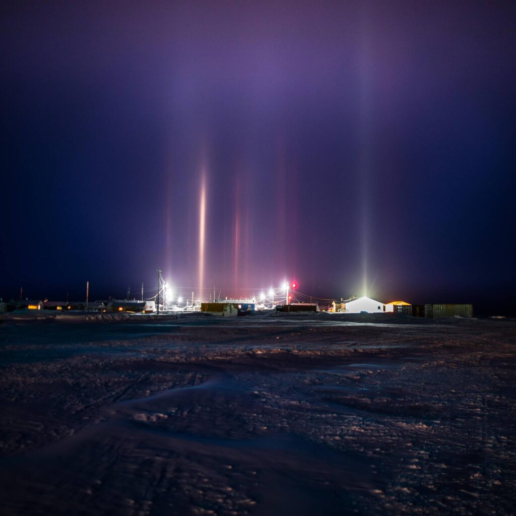 Illuminated ice columns in Kivalina