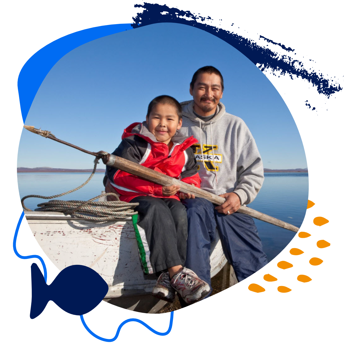Iñupiat man and boy, seated on a boat, holding a harpoon